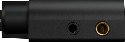 Hifiman R2R2000 sort audiofil afspiller, nærbillede af forsiden med jackstik og gylden drejeknap