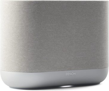 Bezdrátový reproduktor Denon Home 400 v světle šedé barvě z tkané látky, obdélníkový tvar se zaoblenými hranami na pevné základně
