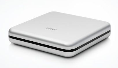 Elgato EyeTV Netstream DTT Multimedia-Gehäuse, weiß und schwarz, perspektivische Draufsicht, Oberseite mit Logo