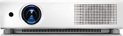 Sanyo PLC-XU111 hvid videoprojektor, set forfra, blåt objektiv i midten, ventilationsgitter til højre