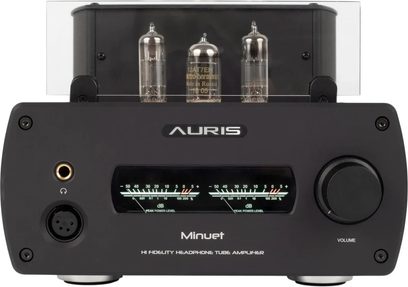 Preamplificador de auriculares Auris Audio Minuet negro de tres válvulas, visto de frente con vúmetros y gran mando de volumen