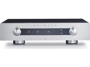 Amplificador hi-fi estéreo Primare I35 prata, vista frontal, frente retangular prateada, 2 botões giratórios, visor central