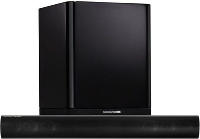 Mat sort, rektangulær Harman Kardon SB 15 soundbar med separat baskabin på ensfarvet baggrund