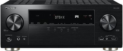 Pioneer VSX-LX304 sort hjemmebiografsforstærker, frontpanel, "DTS+X"-display, kontrolknapper og -hjul, USB- og HDMI-porte