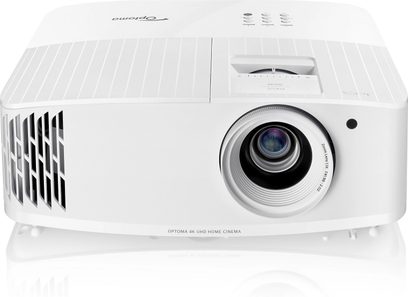 Optoma UHD38X hvid projektor, rektangulær form, cirkulær linse, knapper på toppen, set forfra