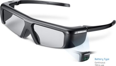Černé aktivní 3D brýle Samsung SSG-3100GB, široké nožičky, šedá obdélníková skla, baterie v pravé nožičce
