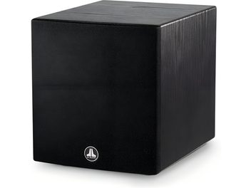 JL Audio Dominion D108 baskabin i sortbejdset eg, kubisk form, sort frontpanel, mørkt træmønster på siderne