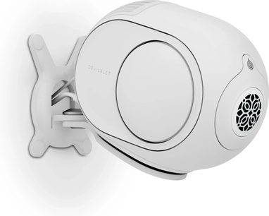 DEVIALET GECKO - Phantom II vit högtalareställ - frontvy, slät vit plastkonstruktion med rundad form och svart galler