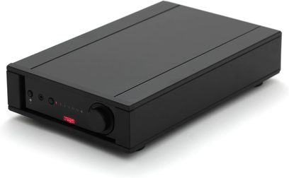 Stereo integrated hi-fi amplifier Rega Brio MK7 black rectangular with front panel featuring buttons, a dial, and red illuminated display