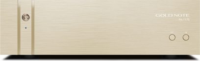 Gold Note PA-1175 hi-fi effektforsterker i gullutførelse, børstet frontplate med logo, blå LED og to knapper