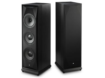 Pora Mofi Electronics SourcePoint V10 juodų grindinių kolonėlių, viena su grotelėmis ir viena su trimis matomais garsiakalbiais
