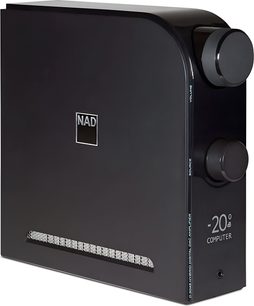 Ampli hi-fi integrerad stereo NAD D3045 i svart högblank, metall- och plastkåpa, 3/4-vy från höger, med två sidorattar