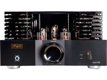 Cayin Soul 170i Stereo-Röhren-Vollverstärker in schwarzem, gebürstetem Aluminium, Frontansicht mit großem, goldumrandetem Lautstärkeregler, sichtbaren Glaskolbenröhren unter seitlichen, gelochten Abdeckungen und mehrfarbigen Eingangsanzeigen