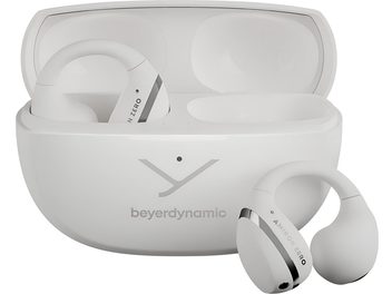 Auricolari wireless Beyerdynamic Amiron Zero bianchi in plastica, dettagli metallici, custodia di ricarica aperta, vista frontale