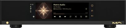 Lettore audio di rete Matrix Audio MS-1c nero, vista frontale con ampio schermo centrale a colori e logo dorato