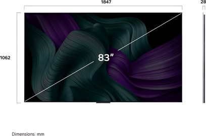 LG OLED83M5 sort højopløsnings-tv, 83-tommers flad OLED-skærm i glas med ultratynd sort metalramme på cirka 28 mm i tykkelse, set forfra