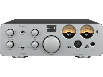 Préampli casque SPL Phonitor Xe argent, vue de face avec deux vumètres, grand bouton de volume et prises casque