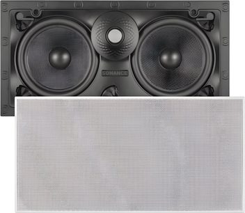 Zabudovateľný nástenný reproduktor Sonance VX66-LCR čierny z plastu, vybavený dvoma viditeľnými stredobasovými reproduktormi a centrálnym výškovým reproduktorom, s odnímateľnou bielou perforovanou kovovou mriežkou, pohľad spredu