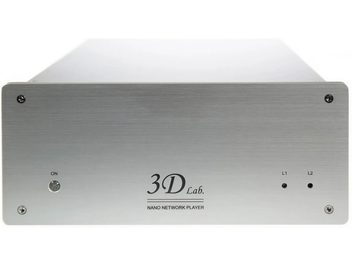 3D Lab Nano player platinum V5 nätverksljudspelare i borstad aluminium, framifrån, 2 rattar och 2 LED-lampor på framsidan