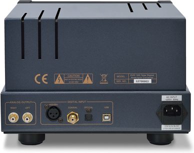 PrimaLuna EVO 100 sidabrinės spalvos garso DAC keitiklis, priekinis vaizdas, 4 skaitmeniniai įėjimai, 2 analoginiai RCA išėjimai, USB