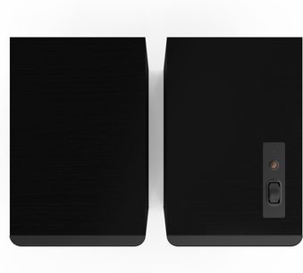 Paar Klipsch The Sevens II Lautsprecher in Schwarz, Rückansicht, schwarze Holzoptik und seitliches Bedienfeld