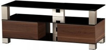 TV stolek Sonorous MD9140-B-INOX-Walnut, černý a dřevěný, 2 zásuvky, 2 otevřené police, stříbrná kovová konstrukce, pohled zepředu