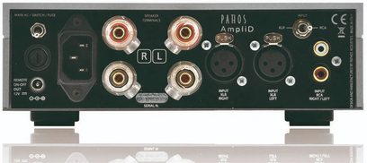 Amplificateur de puissance Pathos AmpliD argent, face arrière, connecteurs audio RCA et XLR, sorties enceintes, sélecteur d'impédance