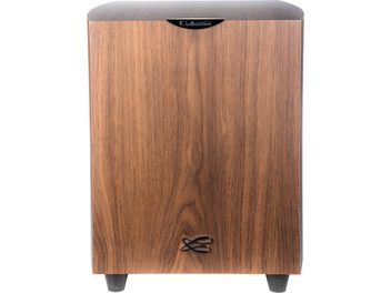 Subwoofer Cabasse Orion nogal, rectangular, madera, frontal negro, pies cónicos, diseño minimalista