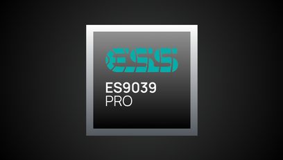 ESS-Logo in Türkis, Text "ES9039 PRO" in Weiß, schwarzer Hintergrund, hellgrauer Rahmen, Vorderansicht