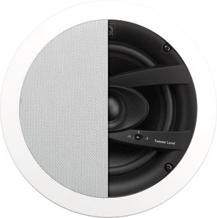 Q Acoustics QI 65CW loftsindbygget højttaler, front, sort højttaler, hvid perforeret grill
