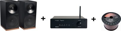 Tangent Ampster X4 Micro System sort hi-fi-minianlæg bestående af to sorte højttalere, en sort forstærker og et rødt kabel