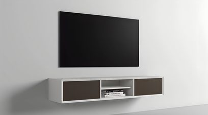 Wandmontiertes Audio-/Video-Möbel Clic Classic Series Modell 1530, weißes Gehäuse, Türen aus braunem Stoff, zentrales Fach