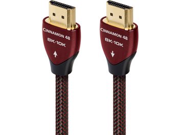 Dwa czerwono-czarne kable HDMI Audioquest Cinnamon 48 8K-10K, złote złącza HDMI, widok z przodu