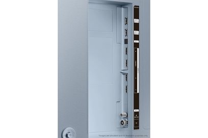 Samsung The Serif QE43LS01BB 2022 lyseblå TV, set forfra, med HDMI- og USB-porte på højre side