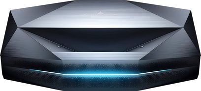 AWOL Vision Aetherion Pro-videoprojektor i svart med fasetter, sett forfra, med blå lysstripe på fronten