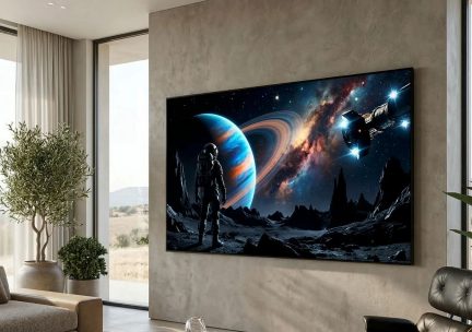Vægmonteret fladskærms-tv i en moderne stue, rumvisning med astronaut, planet med ringe og rumskib