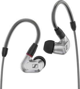 Douszne słuchawki Sennheiser IE 900, szary skręcany kabel, czarne wkładki douszne, szczotkowane metalowe obudowy