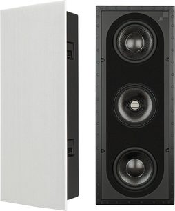 Вградена тонколона Sonance R1, изглед отпред, черна решетка с 3 кръгли говорителя, бял правоъгълен корпус