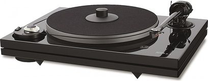 Music Hall MMF 7.1 sort pladespiller, set ovenfra, tonarm, drejeskive, kontrolknapper, rektangulært kabinet