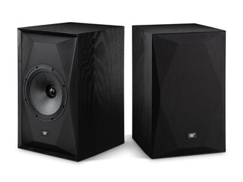 Para głośników podstawkowych Mofi Electronics SourcePoint 8 w kolorze czarnym, wykończenie drewniane, jedna z maskownicą i jedna bez
