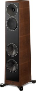 Paradigm Founder 80F floorstanding speaker in walnut finish, front view, 3 circular black speakers, vertical dark wood cabinet