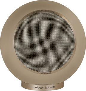 Elipson Planet L Performance mat beige boghyldehøjttaler med cirkulært metalgitter og cylindrisk base med inskriptioner