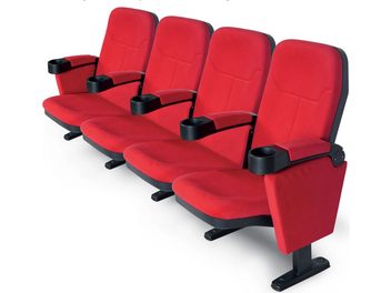 Reihe von 4 roten Lumene Hollywood Confort V2 Kinosesseln mit schwarzen Armlehnen, Dreiviertelsicht von hinten