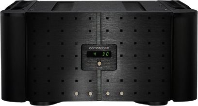 Ampli hi-fi stereo Consonance Calaf MKII černý, přední panel s digitálním zeleným displejem "430", černá texturovaná přední strana, pohled zepředu