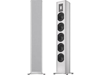 Bezdrátová chytrá reproduktorová souprava Piega Premium 501 Wireless Gen2 bílá, pohled zepředu a z boku, 4 černé reproduktory, obdélníkový podstavec
