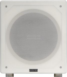 Velodyne VI-Q 10 subwoofer wit vooraanzicht met cirkelvormig rooster en gemetalliseerde pootjes