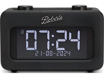 Roberts Revival Rest Tischradiowecker in Schwarz, rechteckiges Gehäuse aus genarbtem Kunstleder mit großem Digitaldisplay und zwei Drehknöpfen auf der Oberseite, Frontansicht