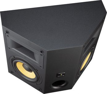 Boxă bipolară Davis Acoustics Atmosphere MK2, carcasă negru mat, vedere 3/4, conuri galbene, șuruburi metalice, port bass-reflex frontal