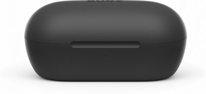 Fekete, mat plasztik Sony WF-C710N ovális töltőtok, előlről nézve, vízszintes nyílási réssel és középen elhelyezett kis LED jelzőfénnyel
