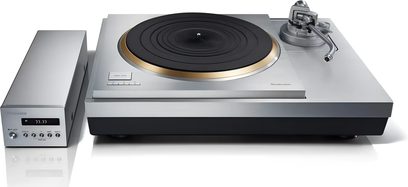 Technics SL-1000R hi-fi lemezjátszó fekete-arany kör alakú lemeztálcával, ezüst színű tonkarral, ezüst színű téglalap alakú vezérlődobozzal és 33.33-as digitális kijelzővel